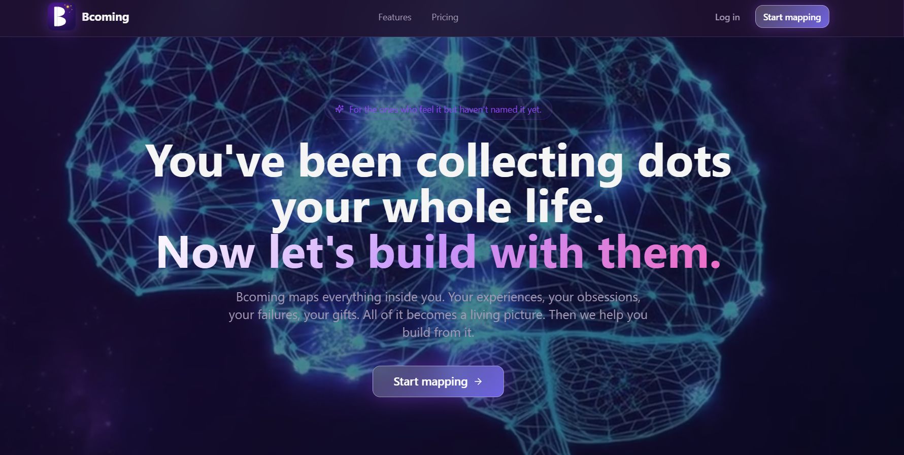 Bcoming website preview with neural background and hero title