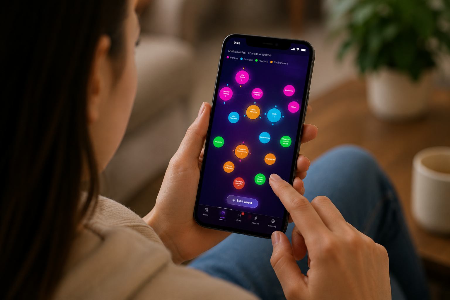Person using a mobile app with a colorful interface