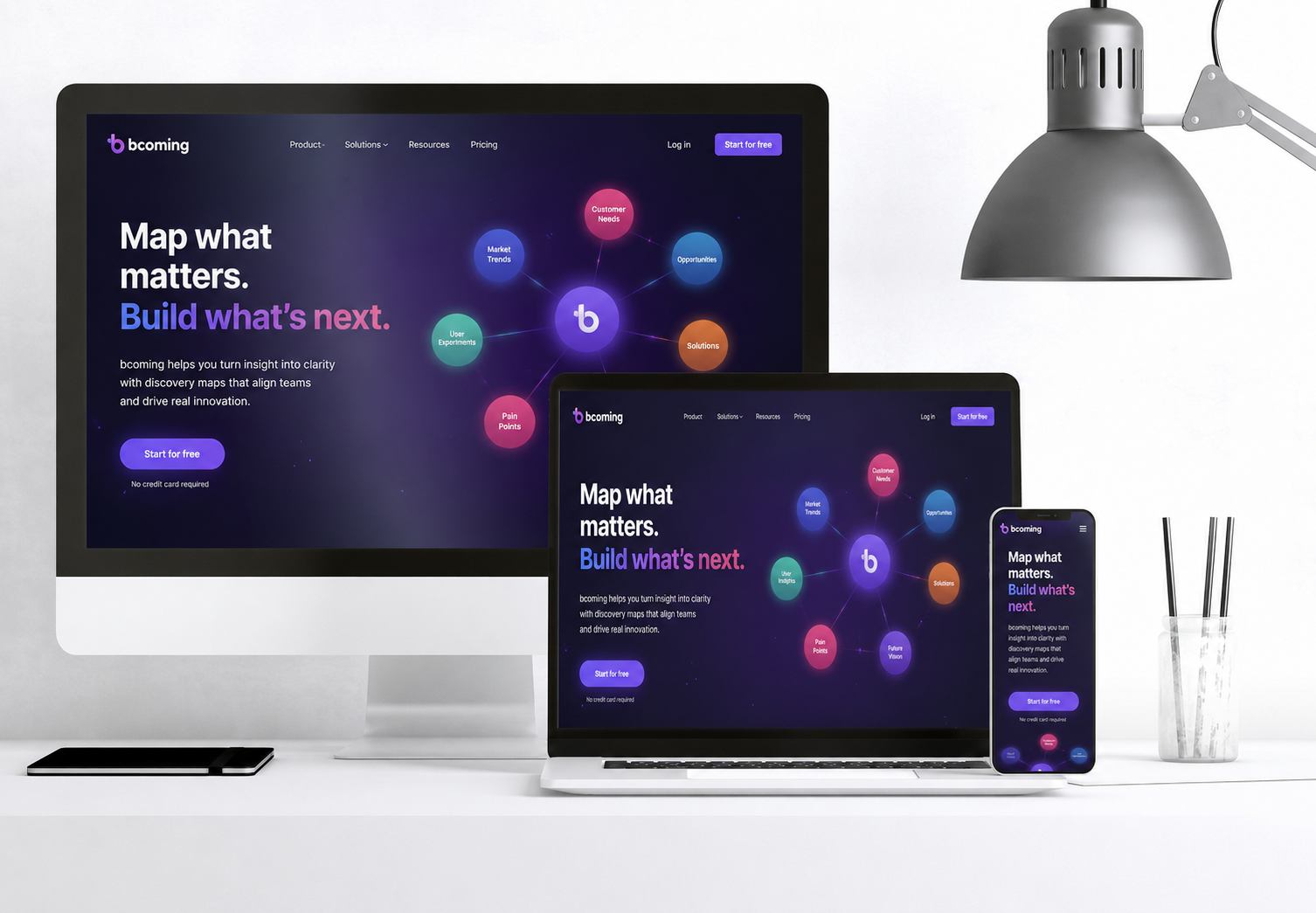 Bcoming website displayed across desktop, laptop, and phone