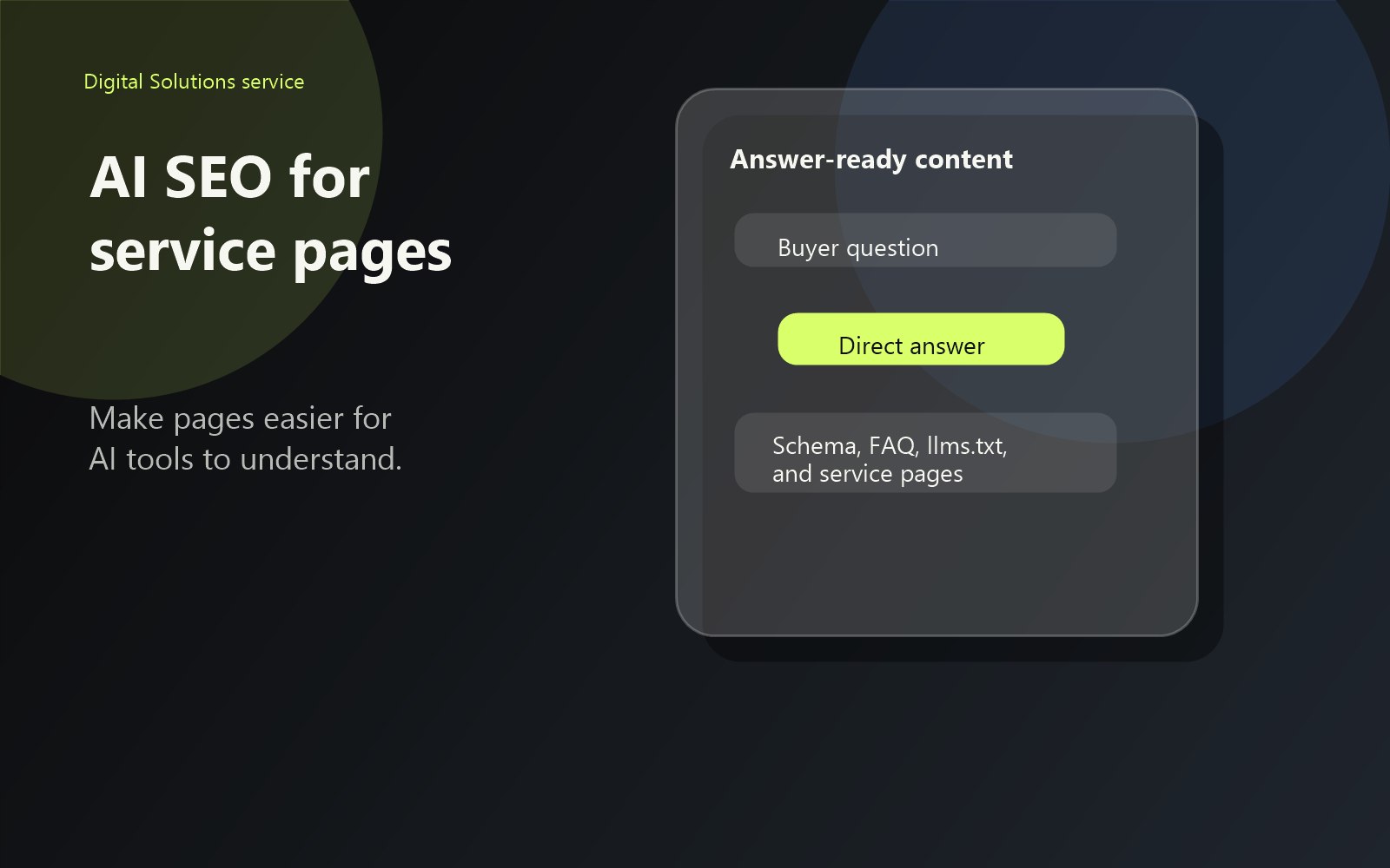 AI SEO content structure with buyer question direct answer schema FAQ llms text and service pages